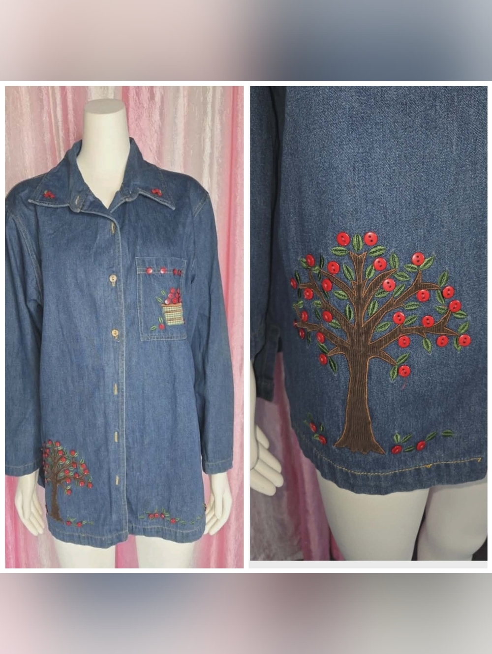 Casey Coleman Vintage Denim Embroidered Floral Button Down Cotton Shirt XL